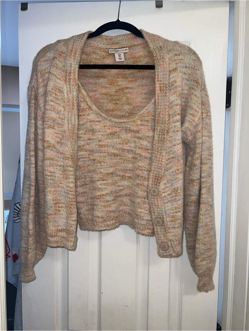 Sincerly Jules Cream Multicolor Flecked cropped Knit Cardigan & Tank Set